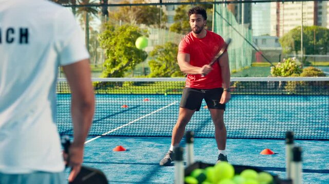 Padel, training and coach with man, court and practice for challenge, wellness and lesson for sport. Coaching, tennis player and people with rackets for skill development, tournament and fitness
