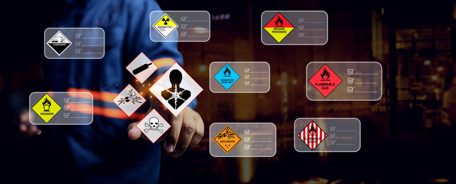 banner of dangerous substance warning concept with safety staff pointing on hazard sign when working with dangerous goods in working site or storage area