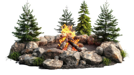 A campfire surrounded by rocks on transparent background