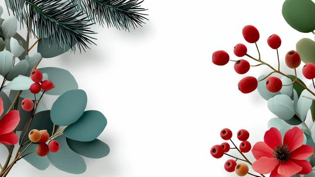 Vibrant floral arrangement featuring red flowers, green leaves, and berries, gradually revealing intricate details and textures, with a smooth camera pan enhancing the visual flow and depth perception