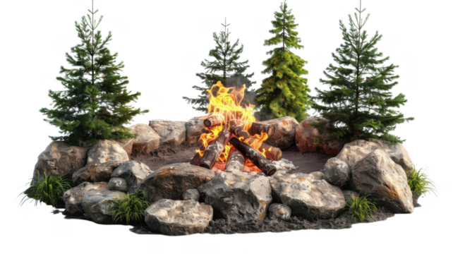 A campfire surrounded by rocks on transparent background