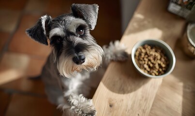 An adult Schnauzer dog standing on its hind legs trying to reach a tall kitchen table