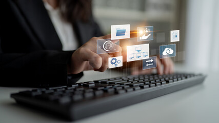 Digital business infrastructure with data system, analytics, sync. System management improves access, system management ensures performance, and system management supports digital operations. Latch