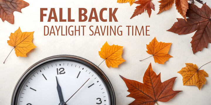 Fall back daylight saving time with autumn leaves and clock