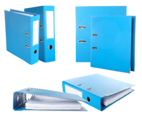 composition photograph of four blue lever arch ring binders in various configurations, including closed, open, and stacked on a black backdrop.