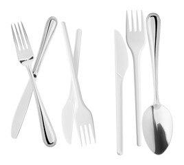 studio photograph of diverse cutlery including disposable white plastic utensils and reusable metal forks and spoons arranged symmetrically on black.