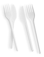 disposable white plastic cutlery set featuring two forks and two serrated knives isolated on a transparent background, often used for catering and picnics.