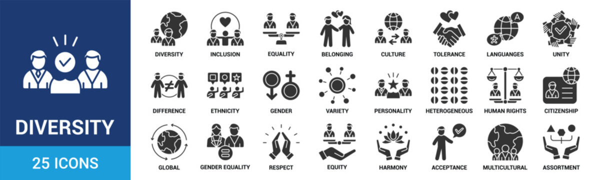 Diversity icon set. Containing equality, culture, languages, tolerance, difference, belonging, human rights and ethnicity icons. Glyph icon collection. Vector illustration.