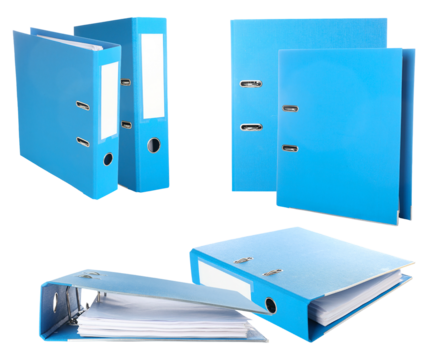 composition photograph of four blue lever arch ring binders in various configurations, including closed, open, and stacked on a black backdrop.