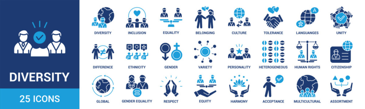 Diversity icon set. Containing equality, culture, languages, tolerance, difference, belonging, human rights and ethnicity icons. Solid icon collection. Vector illustration.