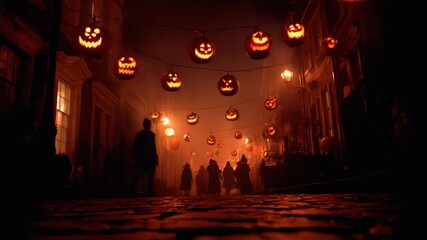 Enchanting Halloween Night: A Spooky Street Filled with Glowing Jack-o'-Lanterns and Mysterious Shadows Under a Foggy Atmosphere