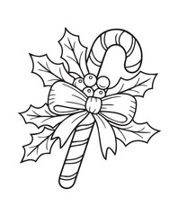 Outline Christmas candy cane adorned with holly and tied with a ribbon against transparency, kids coloring pages,