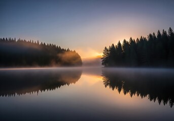 Obraz premium Lake Reflection Dawn Light Through Forest on Tranquil Water Surface
