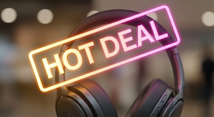 Stylish modern headphones are displayed with a glowing neon 'HOT DEAL' sign superimposed.