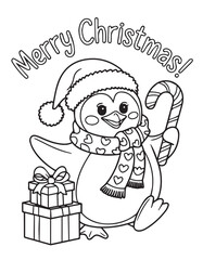 Happy penguin with heart scarf holding candy cane wishes everyone merry Christmas, kids coloring pages,