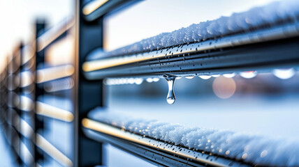 Close-up of raindrops on metal railing with snowy background  