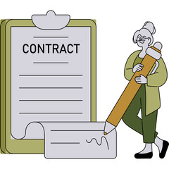 Businesswoman Signing Contract With Large Pencil Yellow and Green Outfit Professional Document Agreement Legal Paperwork
