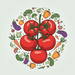 Make Ripe tomatoes on a branch. Set of red tomatoes. Set with hand drawn colorful doodle vegetables. Vector illustrations.