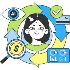 Business Professionals Evaluating Financial Records With Magnifying Glass And Data Charts In A Circular Flow Diagram On Transparent Background