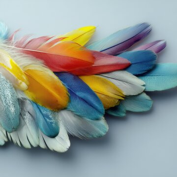 Vibrant collection of colorful bird feathers arranged on a soft blue background