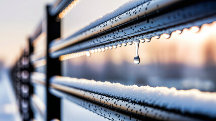 Closeup of icy railing with snow and water droplets in winter  