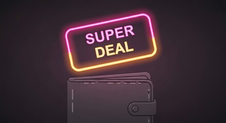 A neon sign declaring 'SUPER DEAL' hovers above a wallet, signifying a great bargain.