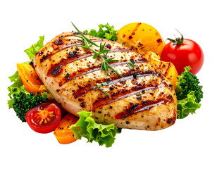 Photo of grilled chicken breast with vegetables isolated on transparent background png