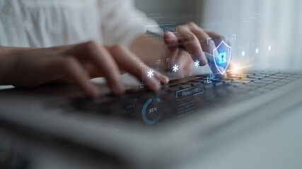 A concept of an advanced cybersecurity system. The futuristic interface shows a multi-factor authentication process using a secure password or PIN for enhanced data protection. Fermion