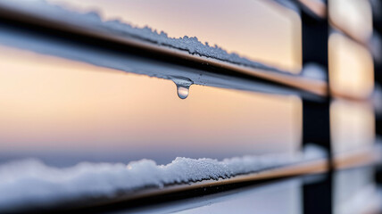 Snow-covered window slats with water droplet in winter sunset  