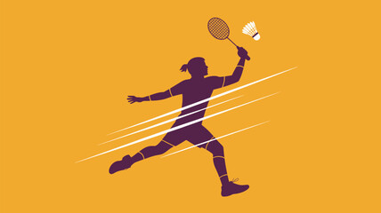 Fototapeta premium Silhouette of a badminton player hitting a shuttlecock on an orange background with motion lines effect