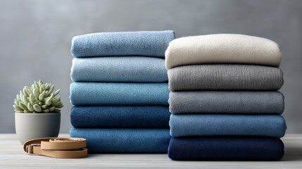 Stacked blue and gray sweaters with succulent and brown belt on wooden surface