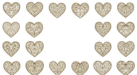 Beautiful set of brown ornamental hearts, intricately designed with delicate filigree patterns, suitable for romantic and decorative projects