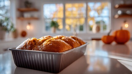 Loaf of bread in a rectangular baking dish on a kitchen countertop. the bread appears to be freshly baked and has a golden brown crust on top.