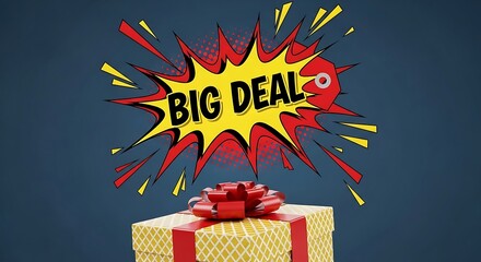 A yellow gift box with a red ribbon is shown below a comic book style 'Big Deal' burst against a dark blue background.