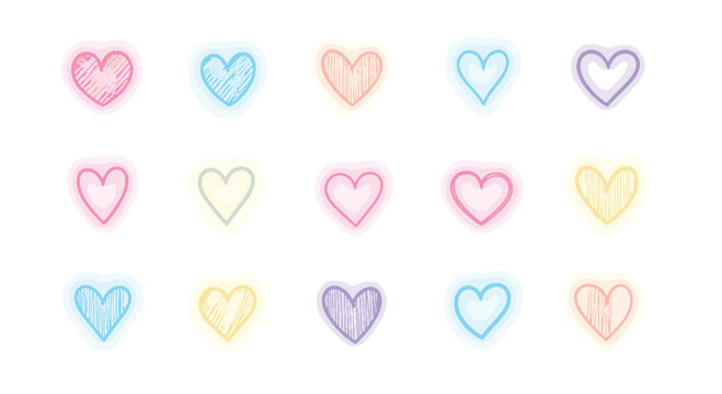 Collection of diverse, glowing neon heart shapes in pastel colors, hand-drawn style, perfect for romantic and affectionate designs