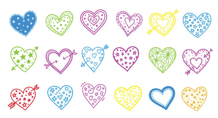 Vibrant Collection of Unique Hand-Drawn Heart Illustrations, Featuring Diverse Patterns and Colorful Designs for Love Concepts