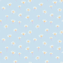 Seamless vector pattern with delicate white and yellow daisy buds on soft blue background. Template for spring textiles, kidswear, packaging, stationery,  feminine design
