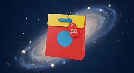 A vibrant red shopping bag with a blue circle, a yellow flap, and a 'Super Savings' tag floats in a starry galaxy.