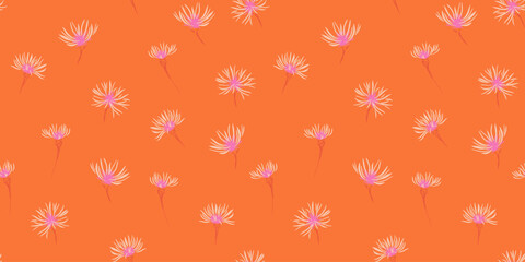 Seamless vector floral pattern with delicate white and pink wildflowers on vibrant orange background. Template for textiles, packaging, stationery, and summer themed designs