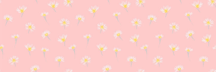 Seamless vector pattern with delicate white and yellow floral buds on a soft pink background. Elegant botanical design ideal for fabric, wallpaper, wrapping, and decor