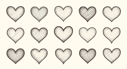Collection of hand-drawn sketched heart shapes, ideal for romantic designs, vintage themes, and heartfelt expressions