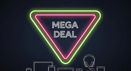 A neon sign announces a mega deal with various electronic devices in the foreground, suggesting a sale or promotion.
