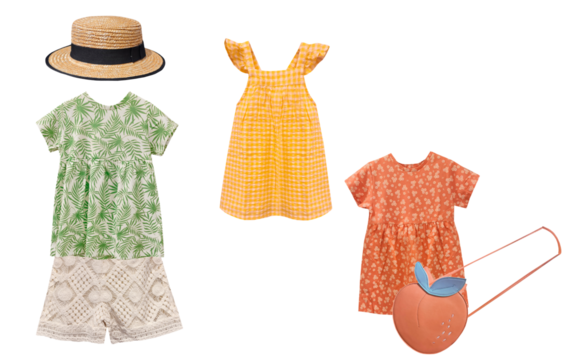 organized overhead flat lay of children's colorful summer outfits featuring three distinct dresses, textured shorts, a straw hat, and a novelty handbag. - Powered by Adobe