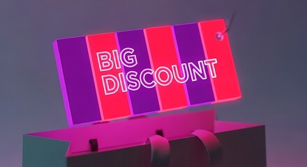 A neon sign in the shape of a price tag announces a big discount above an open box, symbolizing a special offer.