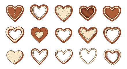 A charming assortment of hand-drawn heart-shaped cookies with various decorative icing patterns, ideal for love-themed celebrations and holidays