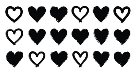Collection of hand-drawn grunge heart shapes, perfect for expressing love, romance, and emotional connection in various design projects
