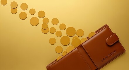 Gold coins are spilling out of a brown leather wallet against a golden background.