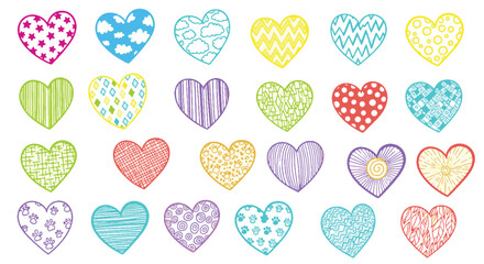A delightful assortment of vibrant hand-drawn hearts, featuring diverse doodle patterns, evoking feelings of love, joy, and affection