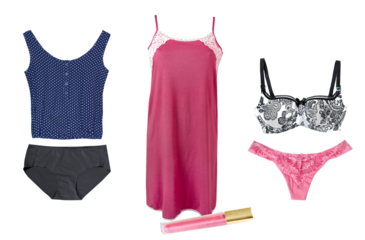 raster photograph of an organized flat lay display of women's sleepwear, matching intimate apparel, and a beauty accessory on transparent background.