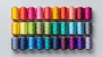 Colorful spools of thread organized by hue on a white background showcasing vibrant sewing supplies